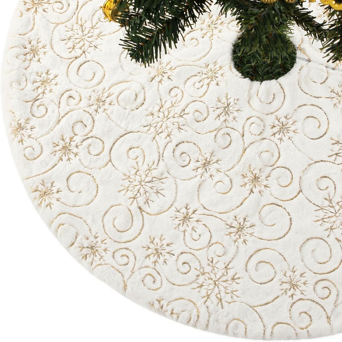 Kerstboomrok van nepbont met glitter en sneeuwvlokken, ronde kerstboomdeken voor feestelijke decoratie, wit-goud