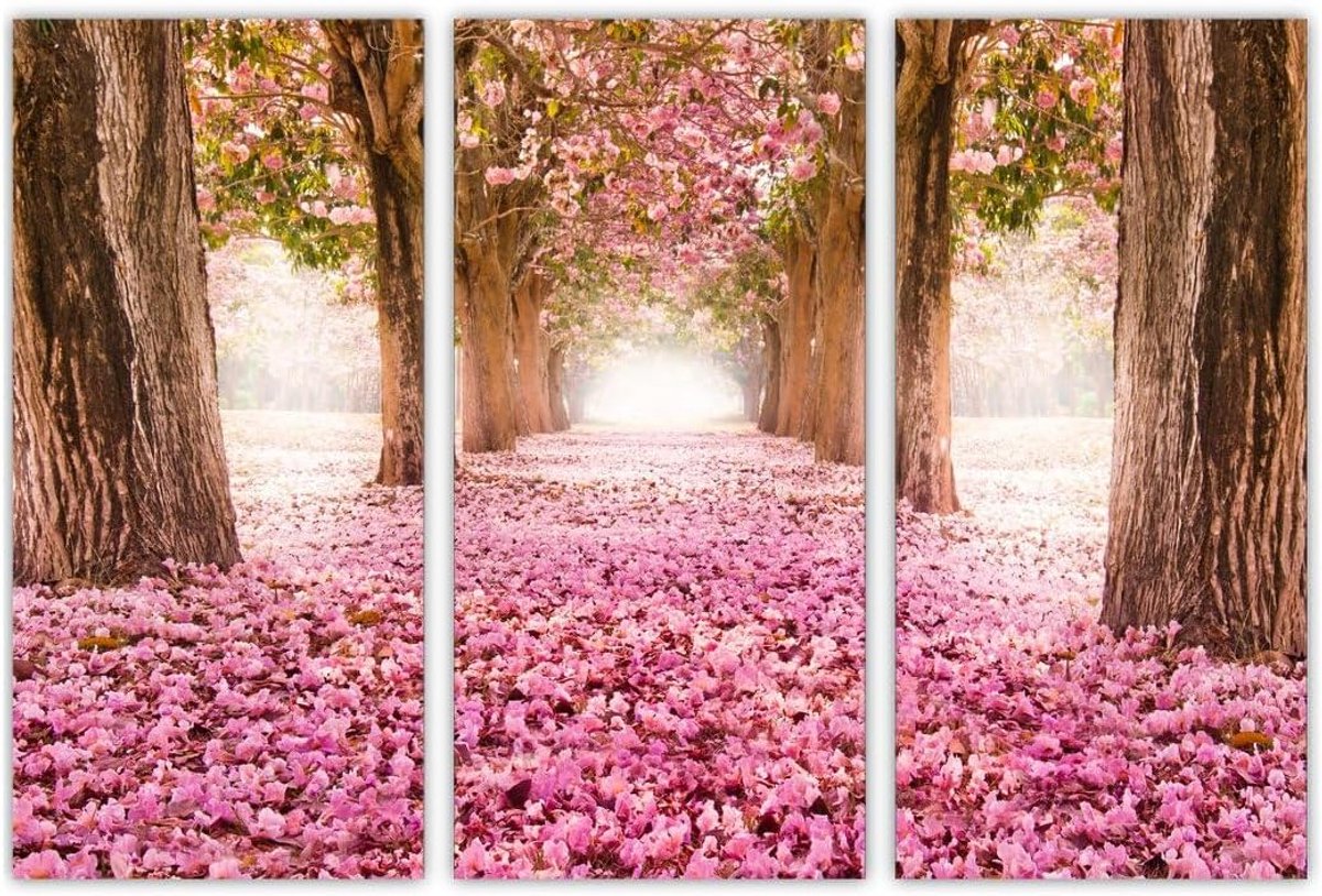AREDE Set of 3 Wall Art Painting Picture Poster Pink Path in the Forest, Pink Landscape, Pink Fallen Leaves (90 * - ShopVlot