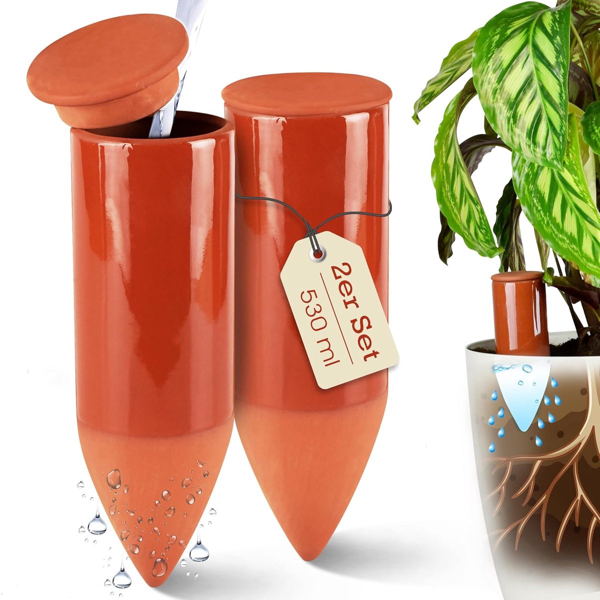 SnelShoppen - Terracotta Watering Aid Set van 2 - 530 ml Watergeef Cone voor Binnenplanten - Handgemaakt Waterniveau Indicator voor Huisplanten - Idea