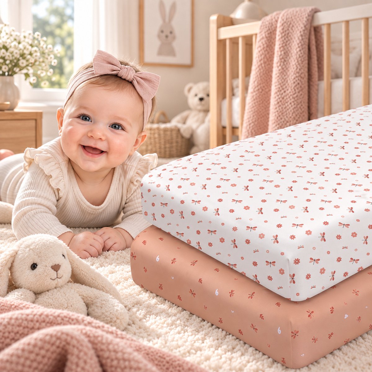 Lano&Go Set van 2 Hoeslakens 70x140 cm – Oeko-Tex Katoen – Voor Baby- en Kinderbedden – Roze/Witte Libellen