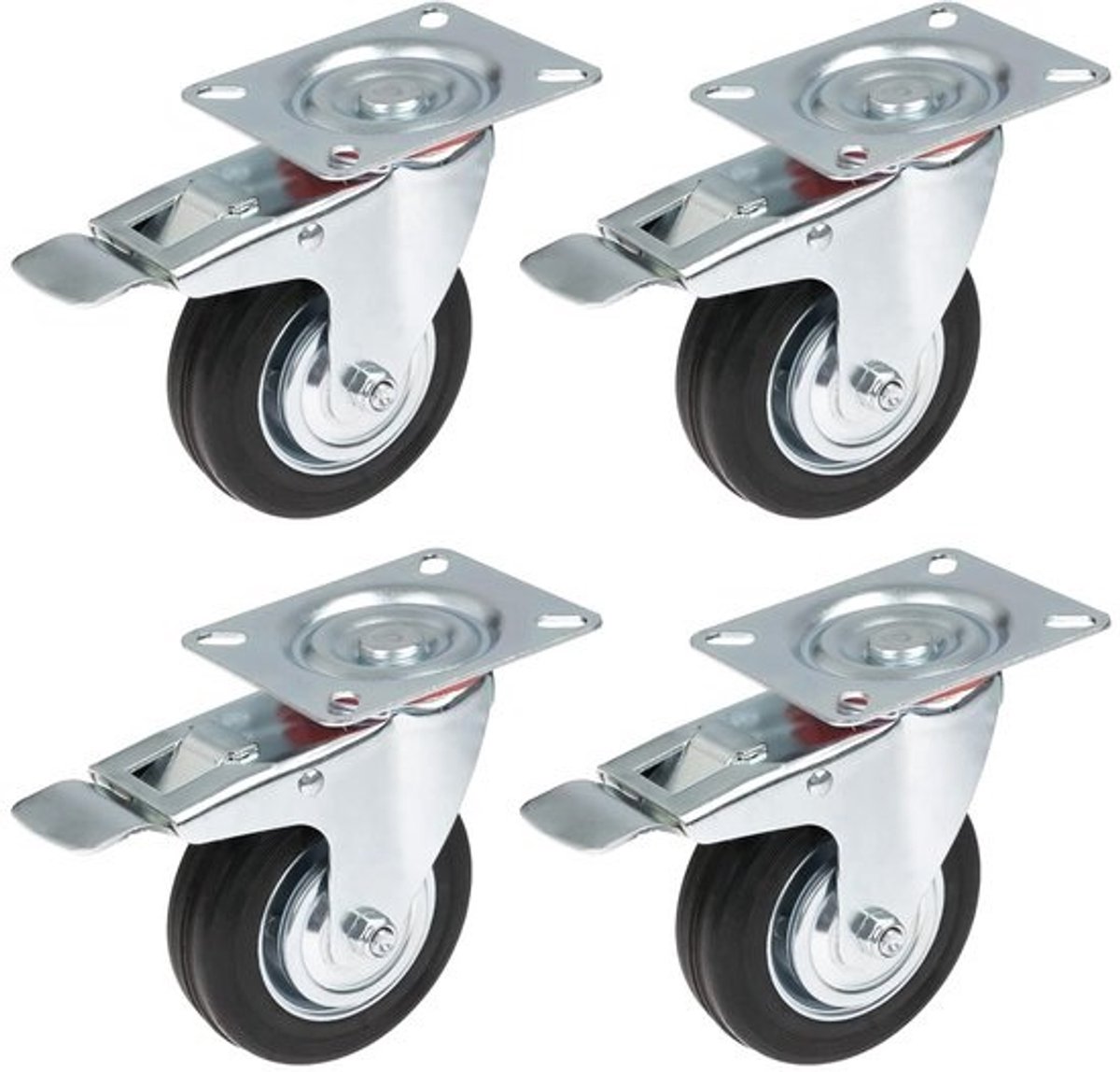 heavy-dutywielen - met rem - massief rubber - 4 stuks - 100 mm - 280 kg - zwart