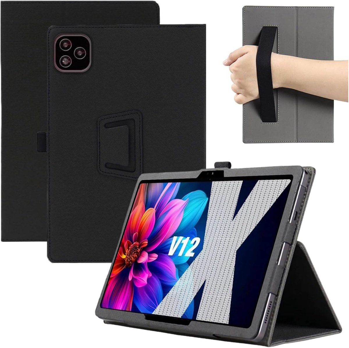 MEMELOKA Beschermhoes voor Vale V12X LTE 12,6 inch, licht en dun, PU-leer, met polsband, standfunctie, zwart - ShopVlot