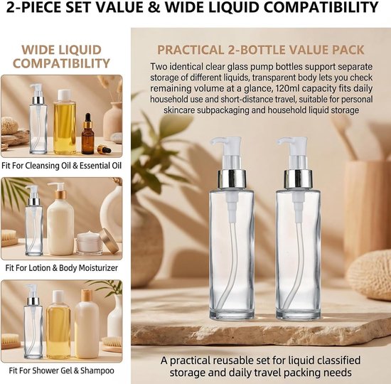 Dailygoods- Lotion Pomp Fles Set van 2 - Glazen Zeepdispenser - 120ml/4oz - Transparant - Met Plastic Pomp - Voor Etherische Oliën en Shampoo van Dailygoods — afbeelding 4