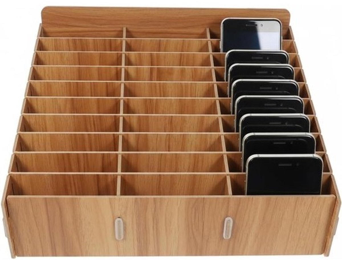 Telefoonhouder voor het klaslokaal - Houten opslag met 30 vakken - Voor rekenmachines en kantoororganisatie