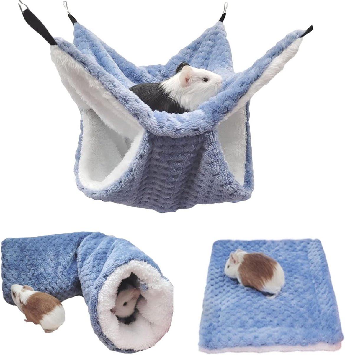 Set van 3 dubbellaagse hangmatten voor kleine dieren, pluche fleece bed voor cavia's, fretten, kooiratten