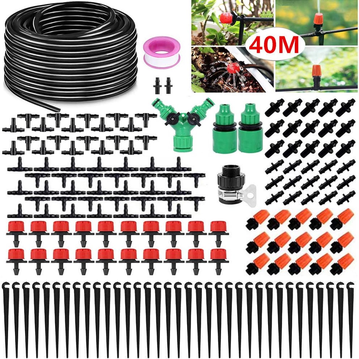 Irrigatiesysteem voor de tuin, 40m, micro druppelirrigatie set, automatische sproeier, druppelbewateringsset, tuinirrigatie voor landschap, bloembed, terrasplanten