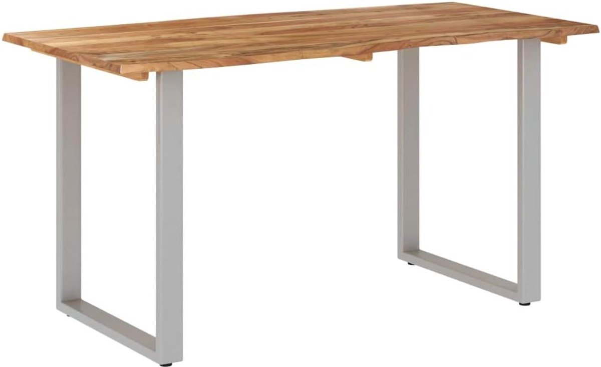 Eettafel rechthoekig acaciahouten blad met metalen poten, moderne vrijetijdssalontafel, compacte afmetingen, zilver