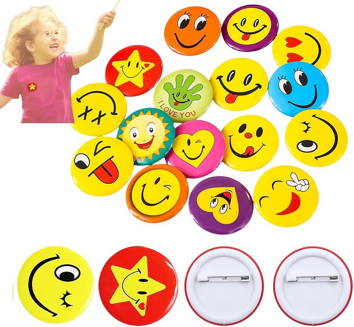 Broches, 40 stuks, pins, 45 mm, face badges, metalen buttons, buttons, individueel pakket, pin voor onderscheidingen, studenten, decoratie