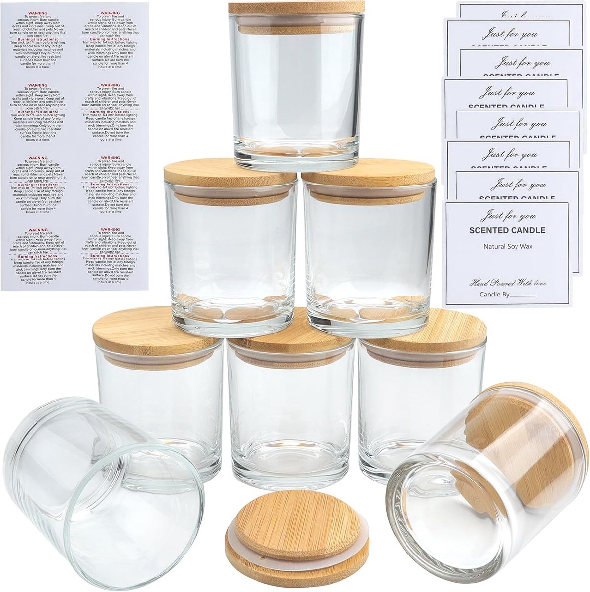 8 tempo 7 oz Frosted glazen kaars potten met bamboe deksels - Bulk lege potten (315ml) voor het maken van kaarsen - specerijen, poeder containers - vaatwasmachinebestendig (Clear Candle Glass