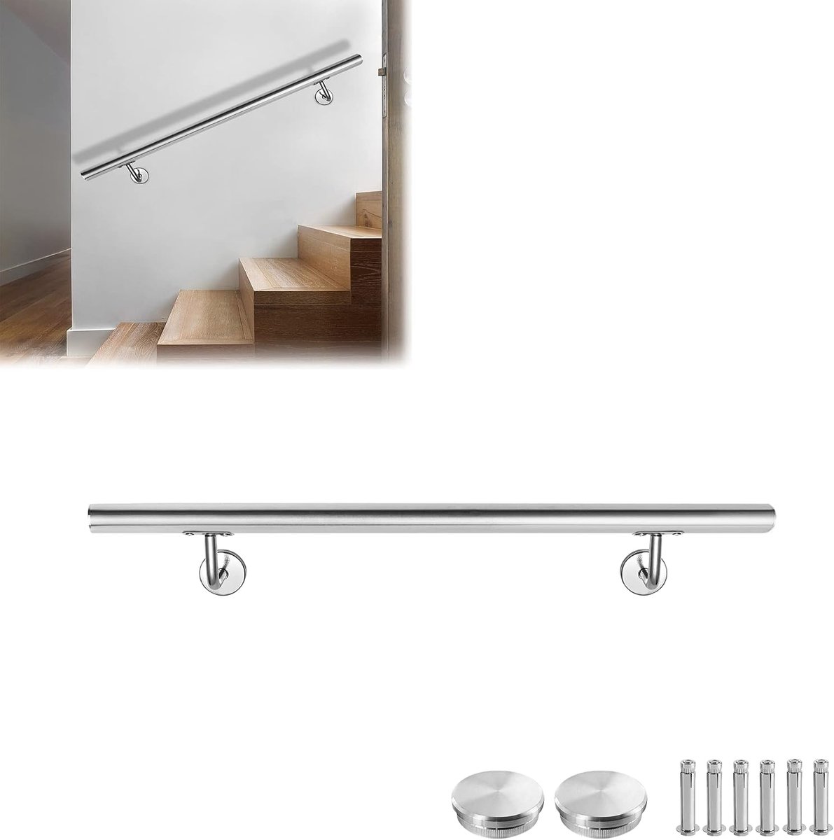 200cm Roestvrij Staal Trapleuning Ø40mm Handrails AISI304 Entree Leuning met Metalen Deuvels & Beugel & Eindkap muur Gemonteerde Railing voor Trappen Balkon Balustrade (Zilver)