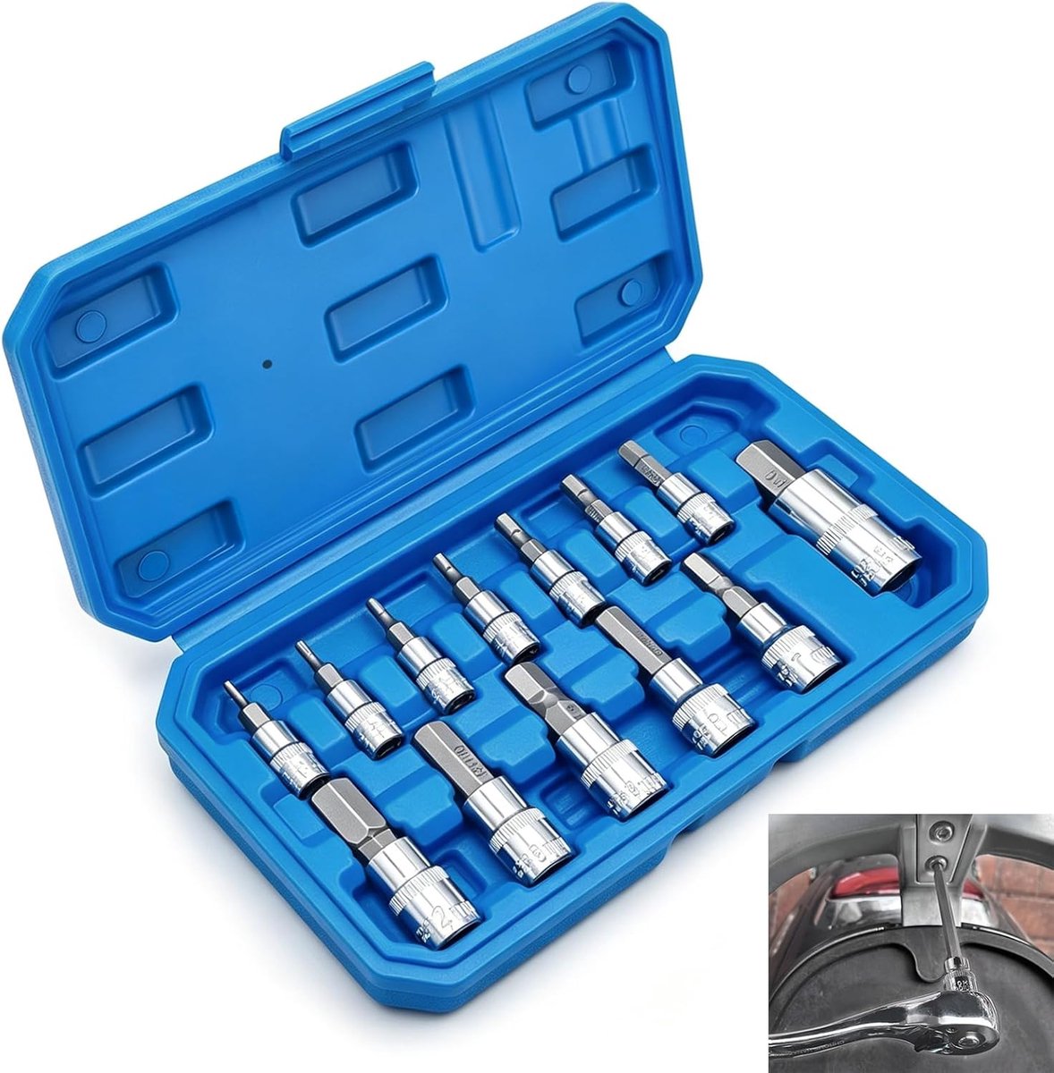 Set van 13 zeskantmoeren, 1/2 inch, 3/8 inch, 1/4 inbussleutelset