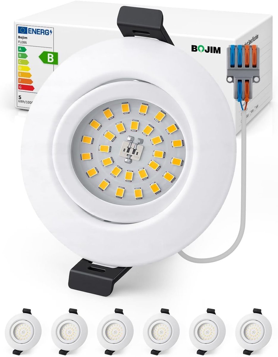 LED Inbouwspot voor Badkamer, IP44, 4.7 W, Energieklasse B, Verlichting voor Keuken, Woonkamer en Slaapkamer, Extra Platte Design, Set van 6