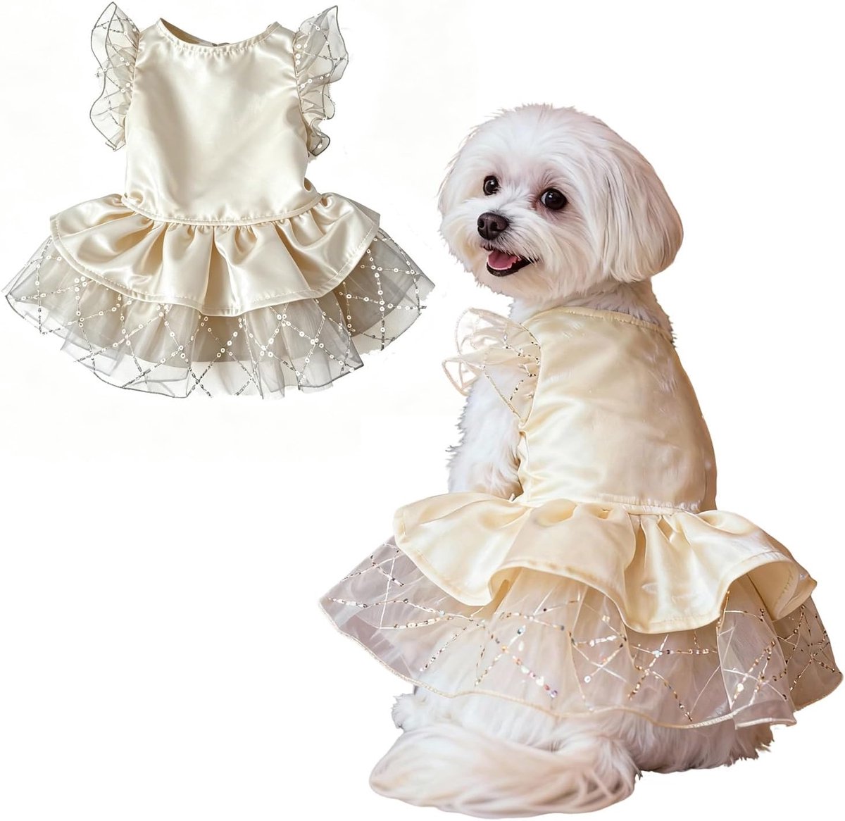 Huisdierjurk voor kleine tot middelgrote honden en katten, prinses puppy trouwoutfit met kanten ruches tutu rok, luxe feestkleding voor chihuahua yorkie kitten (champagne, M)