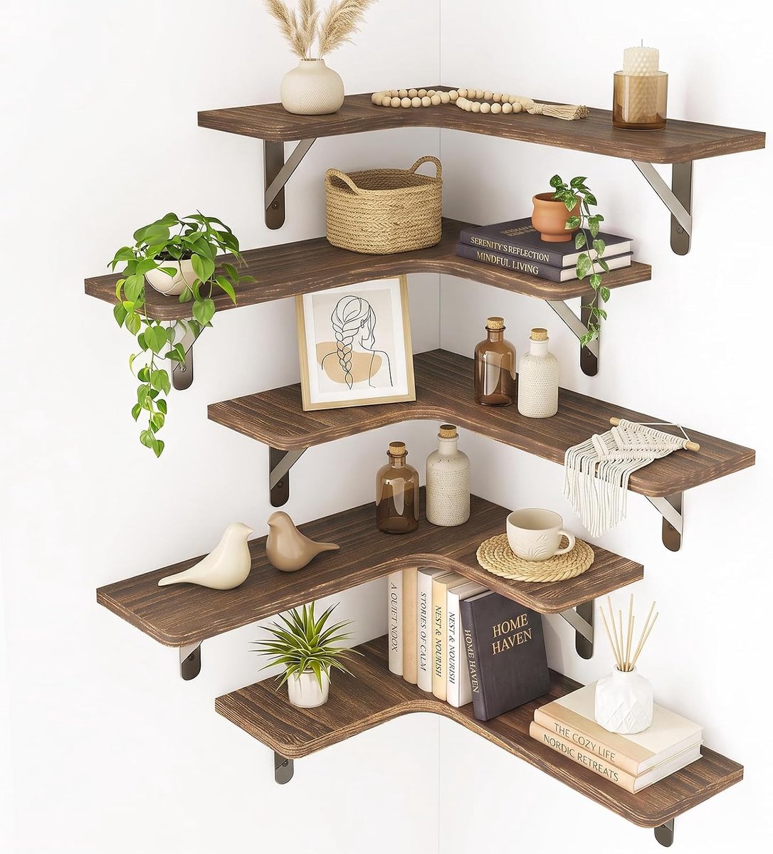 Zwevende hoekplanken, rustieke houten wandplanken voor badkamer, keuken, slaapkamer of woonkamer (donker koolstofzwart)