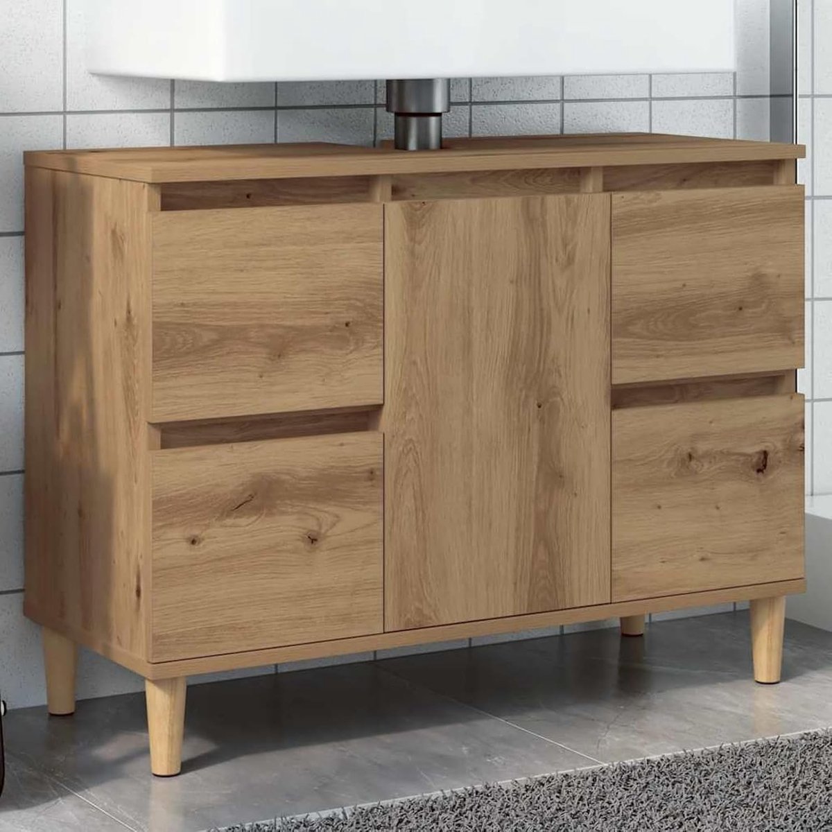 Wastafelmeubel 80 cm breed met veel opbergruimte (4 laden + 1 vak), houtwerkstof/eucalyptus, Artisan-eik, 80x33x60 cm, Badkamer