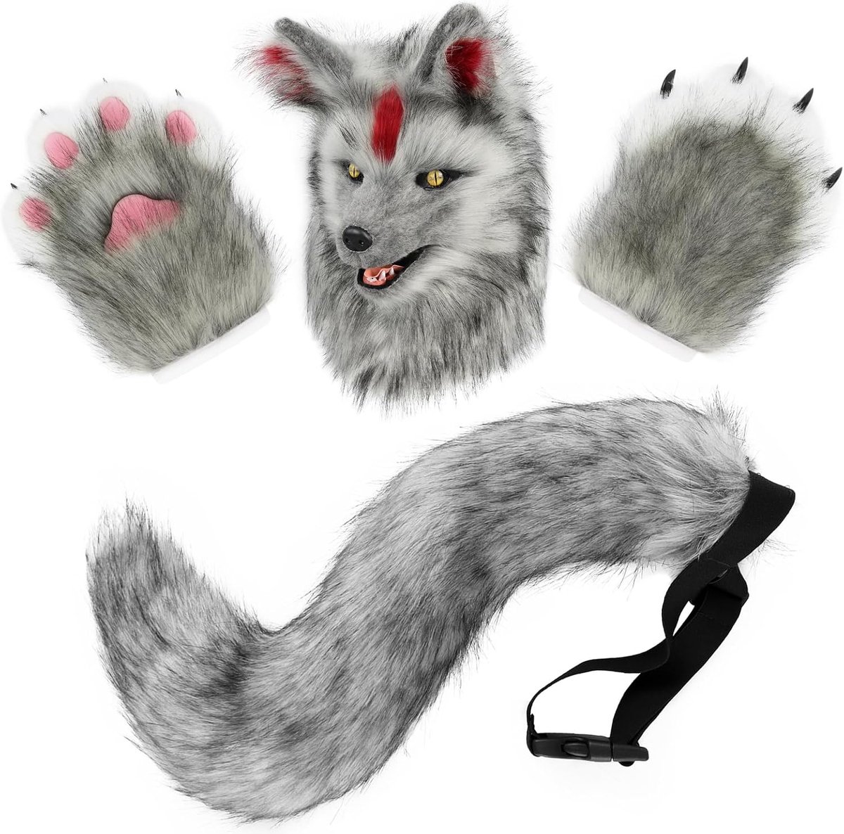 Hond Hoofd Masker Nieuwigheid Pluche Staart Klauw Poot Wanten Handschoenen Set Halloween Party Maskerade Kostuum Cosplay