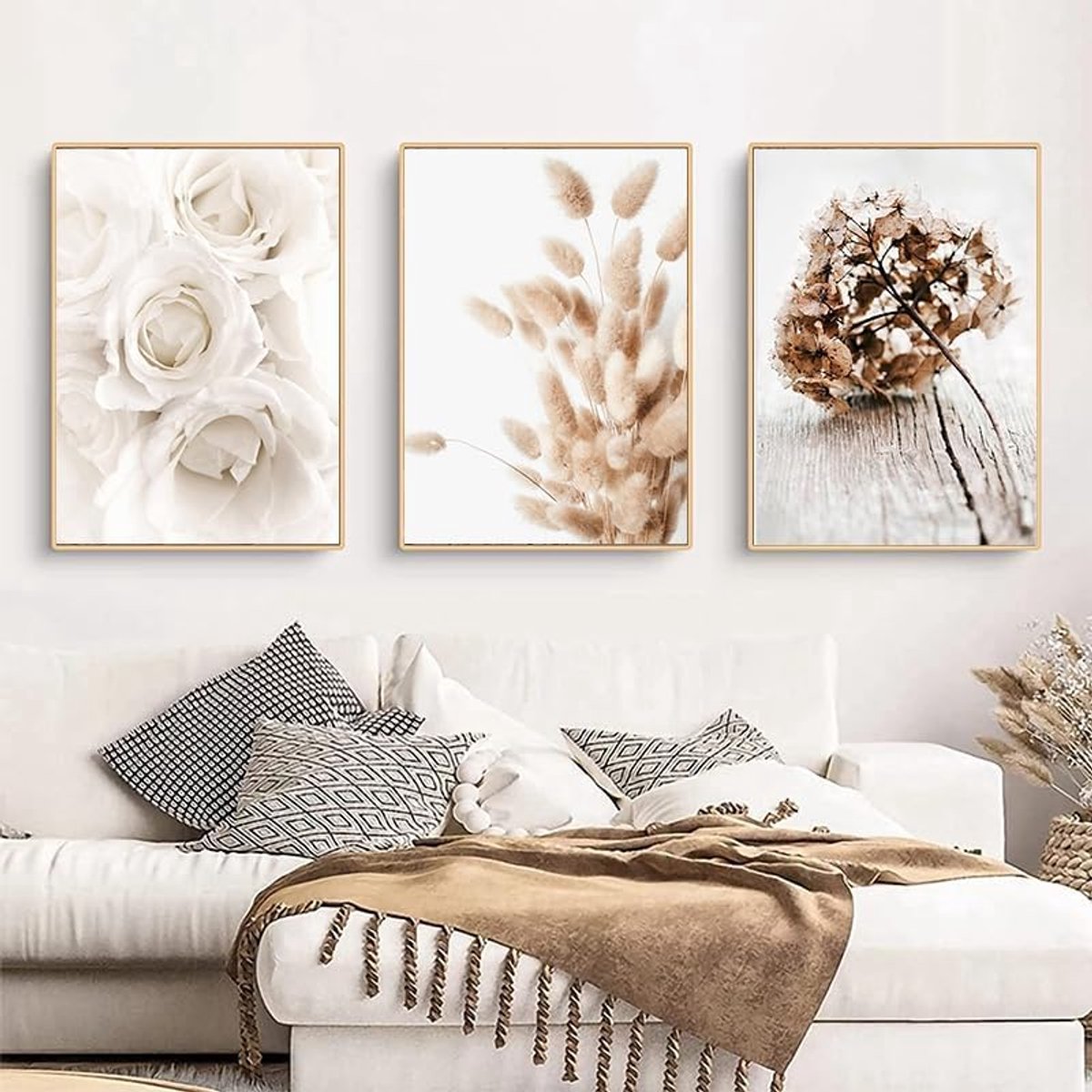 Kunst decoratie schilderij, Boheemse stijl beige plant bloem natuurlijke decoratie poster, woonkamer achtergrond muur print schilderij, frameloos (A 6,30 x 40 cm x 3)
