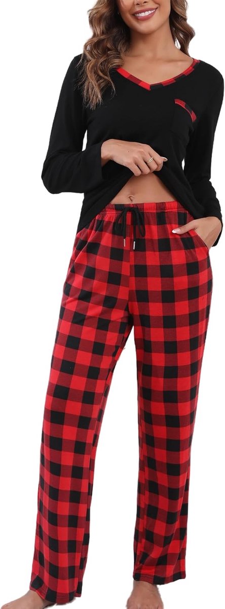 Pyjama met lange mouwen voor dames - V-hals pyjama's + geruite broek, zachte loungewear, nachtkleding voor lente en herfst