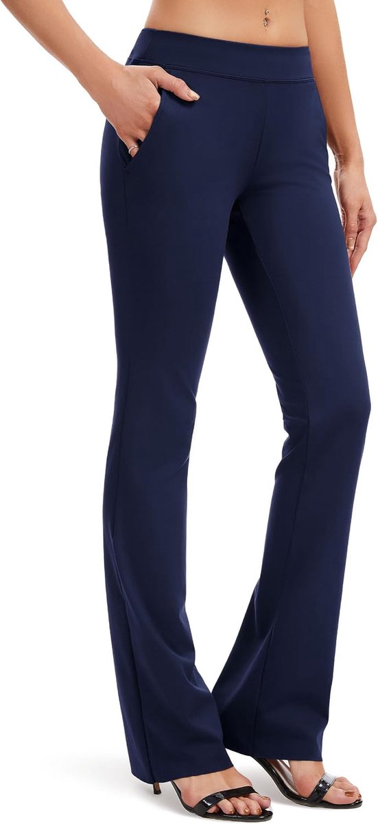 Dames Bootcut Yogabroek Business Lange Flare Broek met 2 Zakken, Sportbroek Hoge Taille, Stretch Vrijetijds Joggingbroek Werkbroek Uitlopend