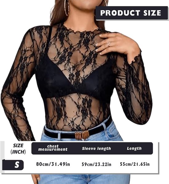 Maattabel voor zwart kanten shirt: Maat S, borstomvang 80 cm, mouwlengte 59 cm, lengte 55 cm.