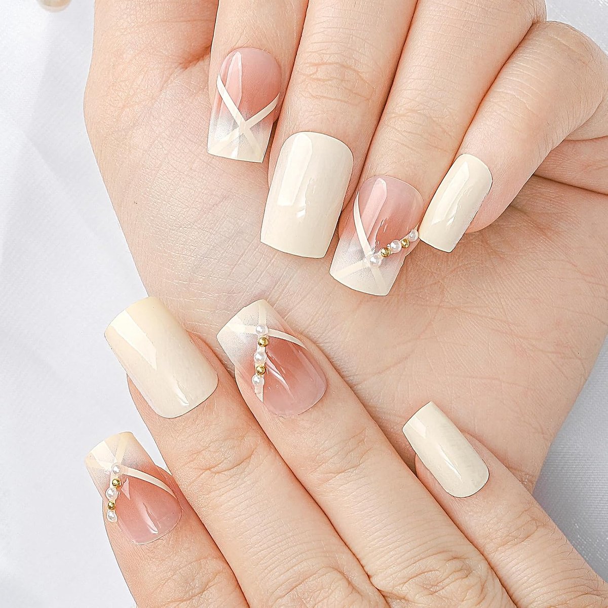 Vierkante nagelkunst, parels, blush, designs, bedels, kunstnagels, herbruikbaar, voor vrouwen en meisjes, 24 stuks