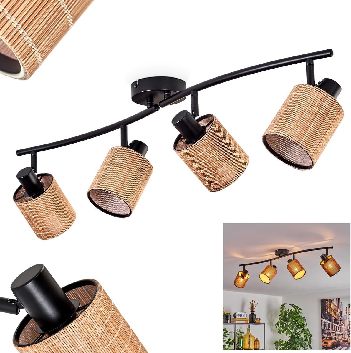 Plafondlamp, moderne plafondlamp van metaal/bamboe in zwart/bruin, 4-lichts, met verstelbare spots, armatuur in Scandinavisch design, 4 x E14, zonder gloeilampen