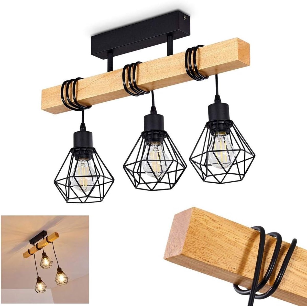Plafondlamp Barbengo, plafondlamp van metaal/hout in zwart/bruin, 3-lichts, met in hoogte verstelbare spots, 3 x E27, spot in retro/vintage design w. rasteroptiek, zonder gloeilampen