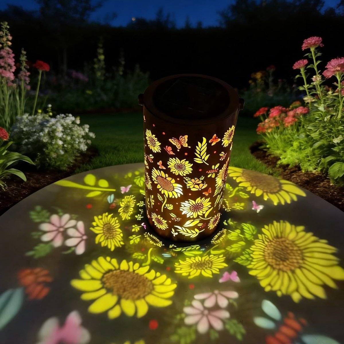 Zonnebloem kleurrijk decoratief licht, Smeedijzeren zonnebloem sfeer lamp, Draagbare LED buiten decoratieve licht cadeau voor vrienden.