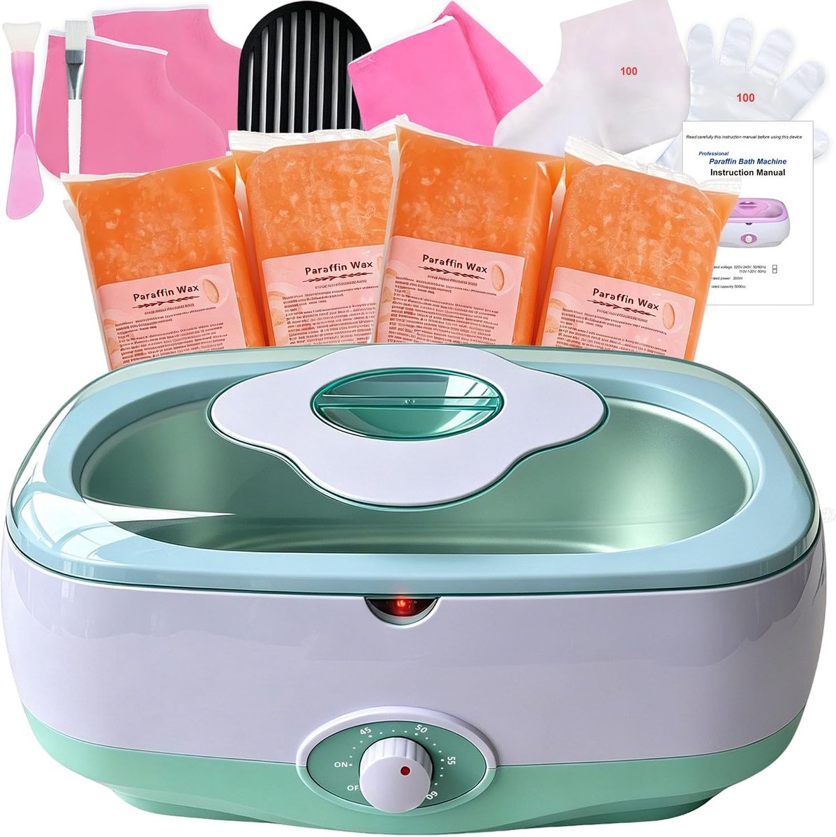 Paraffinebad voor handen en voeten, 5000 ml paraffinebad apparaat met 4 x 450 g biologische paraffinewas voor handen en voeten, incl. accessoires, professioneel paraffinebad voor droge, ruwe