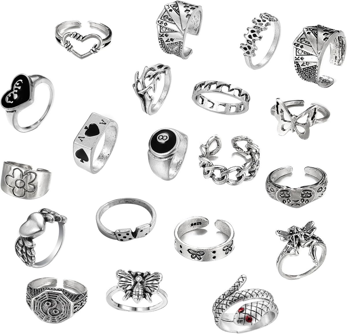 Ringen voor dames en heren, zilver, gothic, punk, zilver, vintage, knockle ringen, Y2K, stapelbare ringen, doodshoofd, hart, bloem, vlinder voor vrouwen en mannen