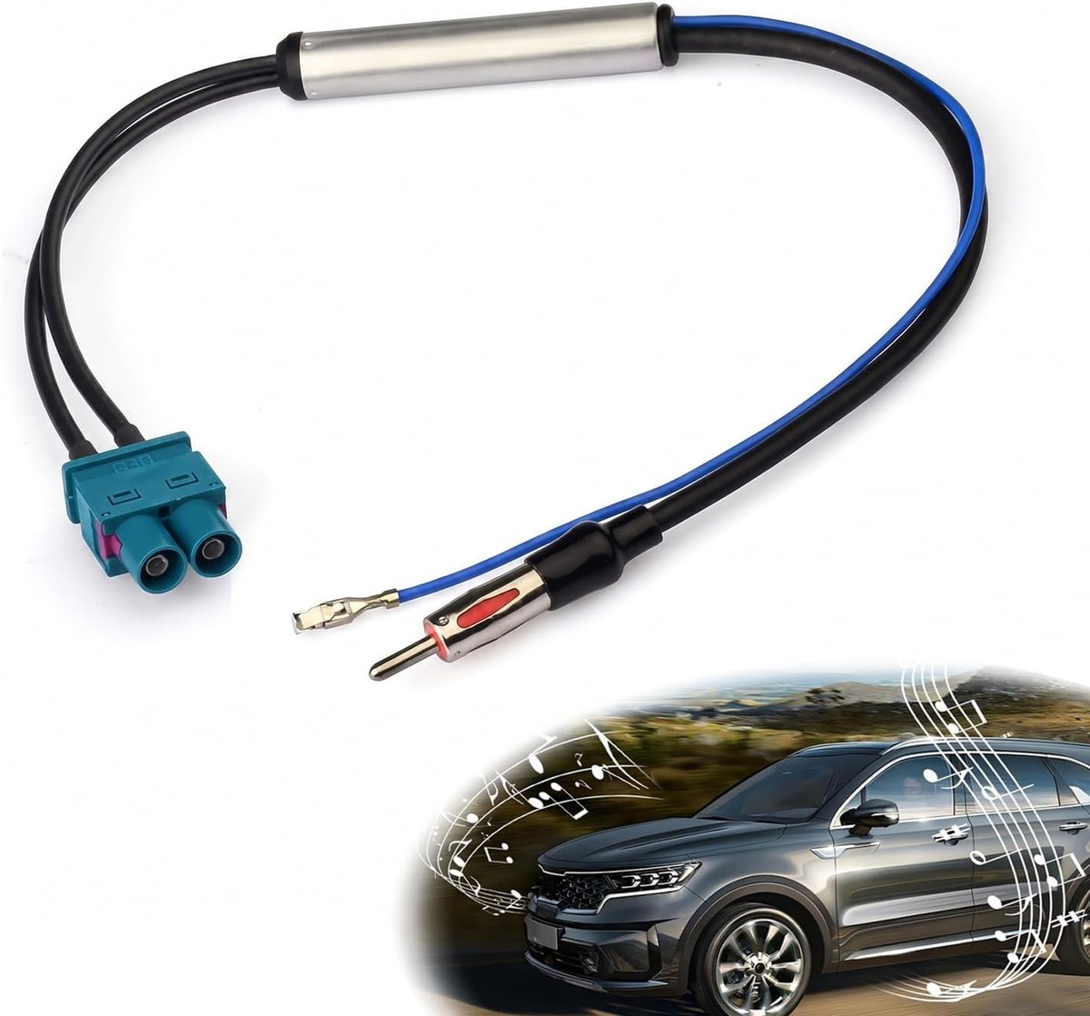 Radio-ontvangst zonder ruis: dubbele Fakra naar DIN-adapter met signaalversterker voor autoradio, 12 V fantoomvoeding compatibel met VW Audi BMW Skoda, 30 cm zwart
