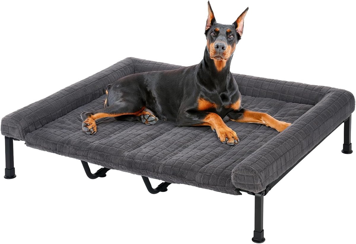 Verhoogd hondenbed, XXL, wasbaar, hondenbed voor buiten, zeer groot | It de Camp Hondenbed, voor binnen en buiten, wollig, afneembare hoes, antislip voeten, 150 x 94 cm