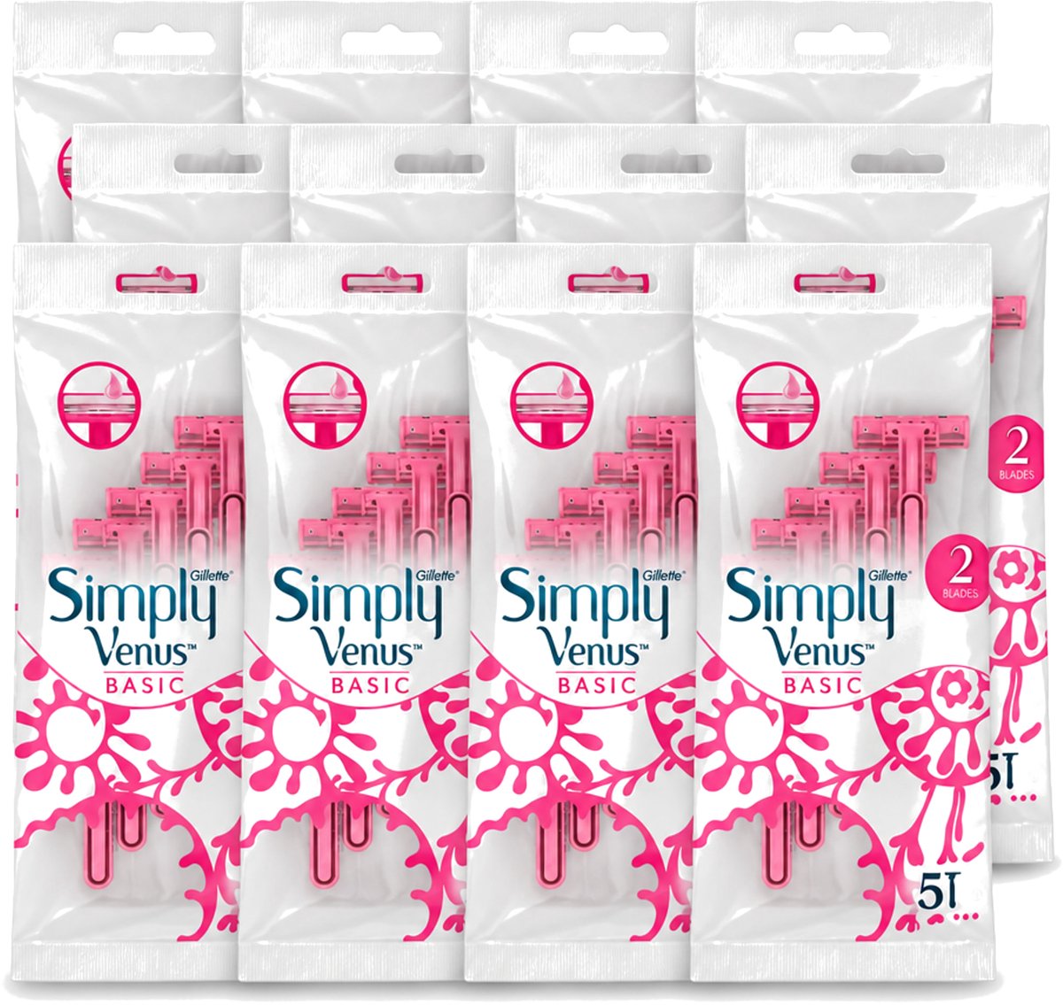 12 x Gillette Simply Venus – Wegwerpscheermesjes – Basic – 5 mesjes - Voordeelverpakking - 12 stuks