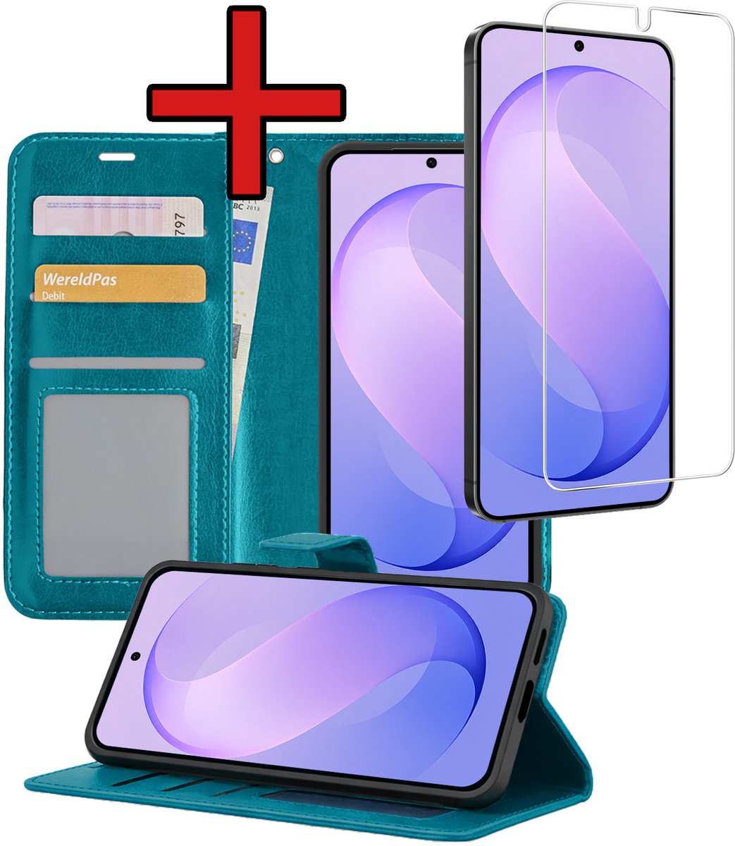 Hoesje - Met Screenprotector - Geschikt voor Samsung Galaxy S26 FE - Luxe Pasjeshouder - Flipcase - Bookcase Portemonee - Flip Case - Kunstleer Book Case - Book Cover - Walletcase - Portemonneehoes - Telefoonhoes - Turquoise
