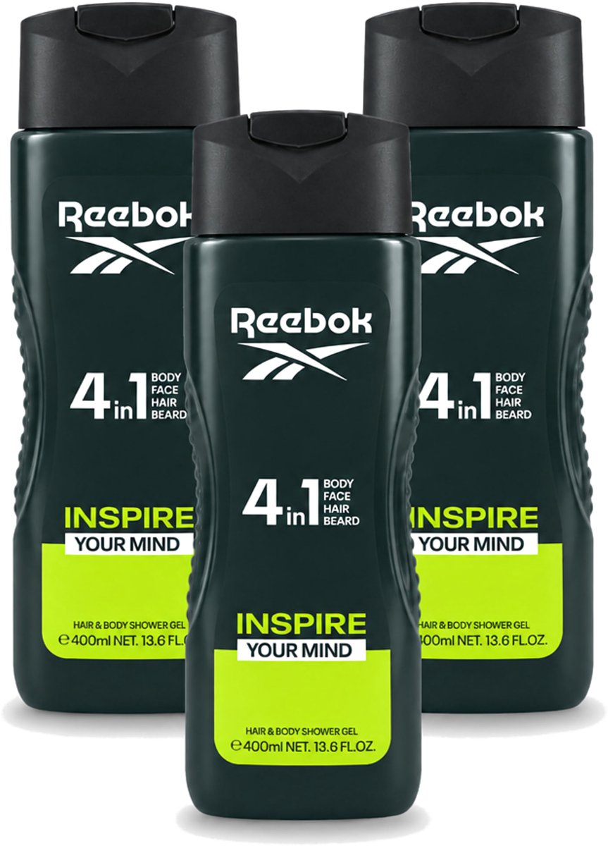 3 x Reebok - Inspire Your Mind - Douchegel - 4 in 1 - 400 ml - Voordeelverpakking - 3 stuks
