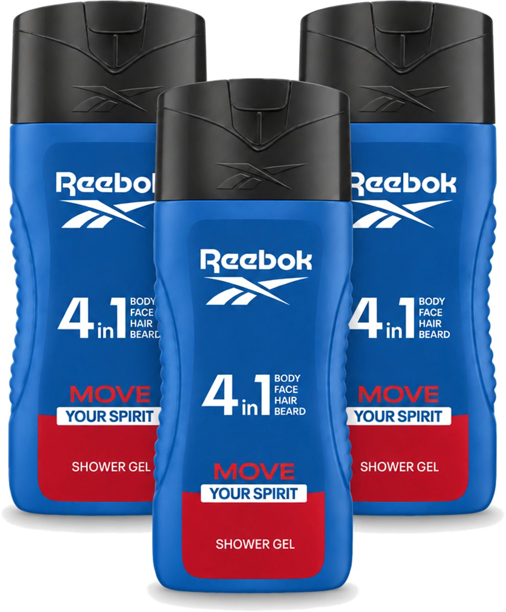 3 x Reebok - Move Your Spirit - Douchegel - 4 in 1 - 400 ml - Voordeelverpakking - 3 stuks