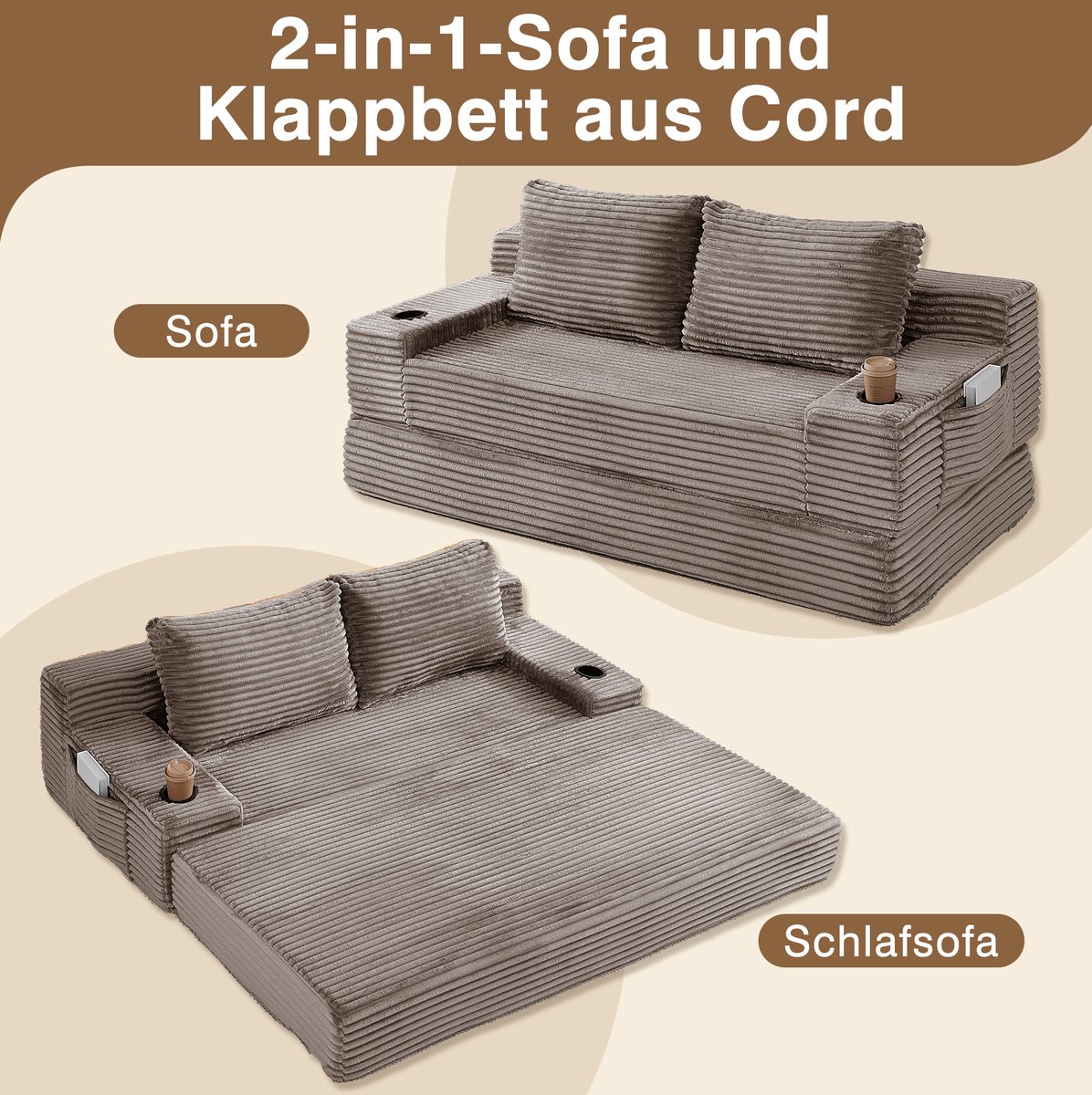 MIVRAY Slaapbank 180 cm - 2-in-1 Uitklapbaar Bed - Bekerhouders & Opbergvakken - Woonkamer En Slaapkamer - Ribfluweel Bruin Brown