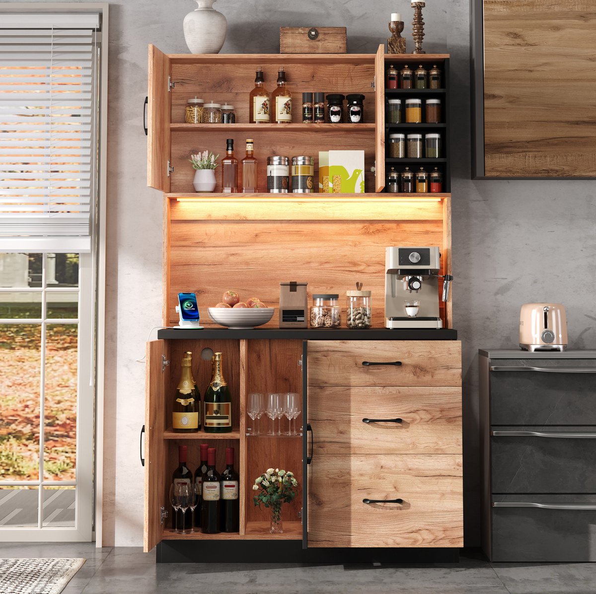 WUVRIE Keukenkast 105x40x180 cm - 3 lades, verstelbare planken, LED en USB - Zwart/naturel