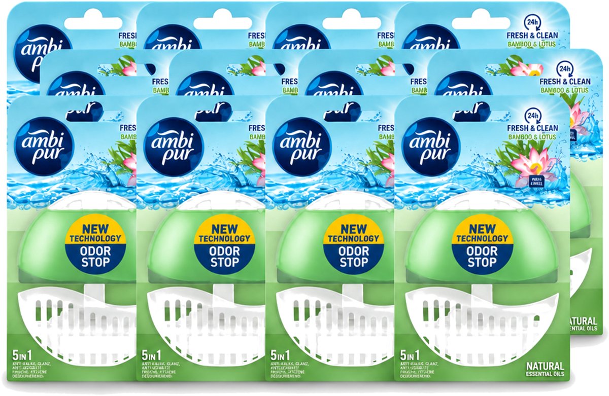 12 x Ambi Pur - Toiletblok - Starterkit 5in1 - Bamboe & Lotus - Toiletblok - 55 ml - Voordeelverpakking - 12 stuks