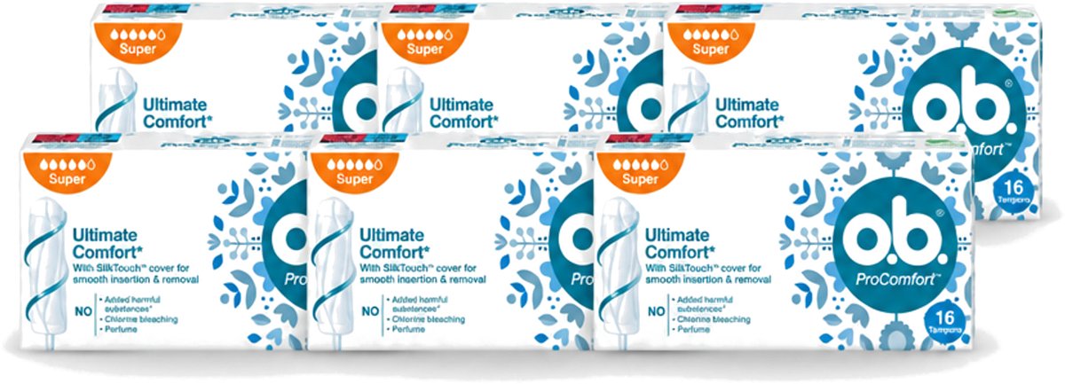 6 x o.b. Tampons - ProComfort Super - Voor Comfort en Zachte Bescherming - 16 Tampons - Voordeelverpakking - 6 stuks