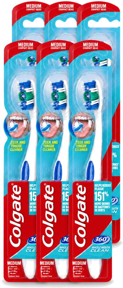 6 x Colgate - Tandenborstel - 360 Whole Mouth Clean Medium - Wit/Blauw - 1 Tandenborstel - Voordeelverpakking - 6 stuks
