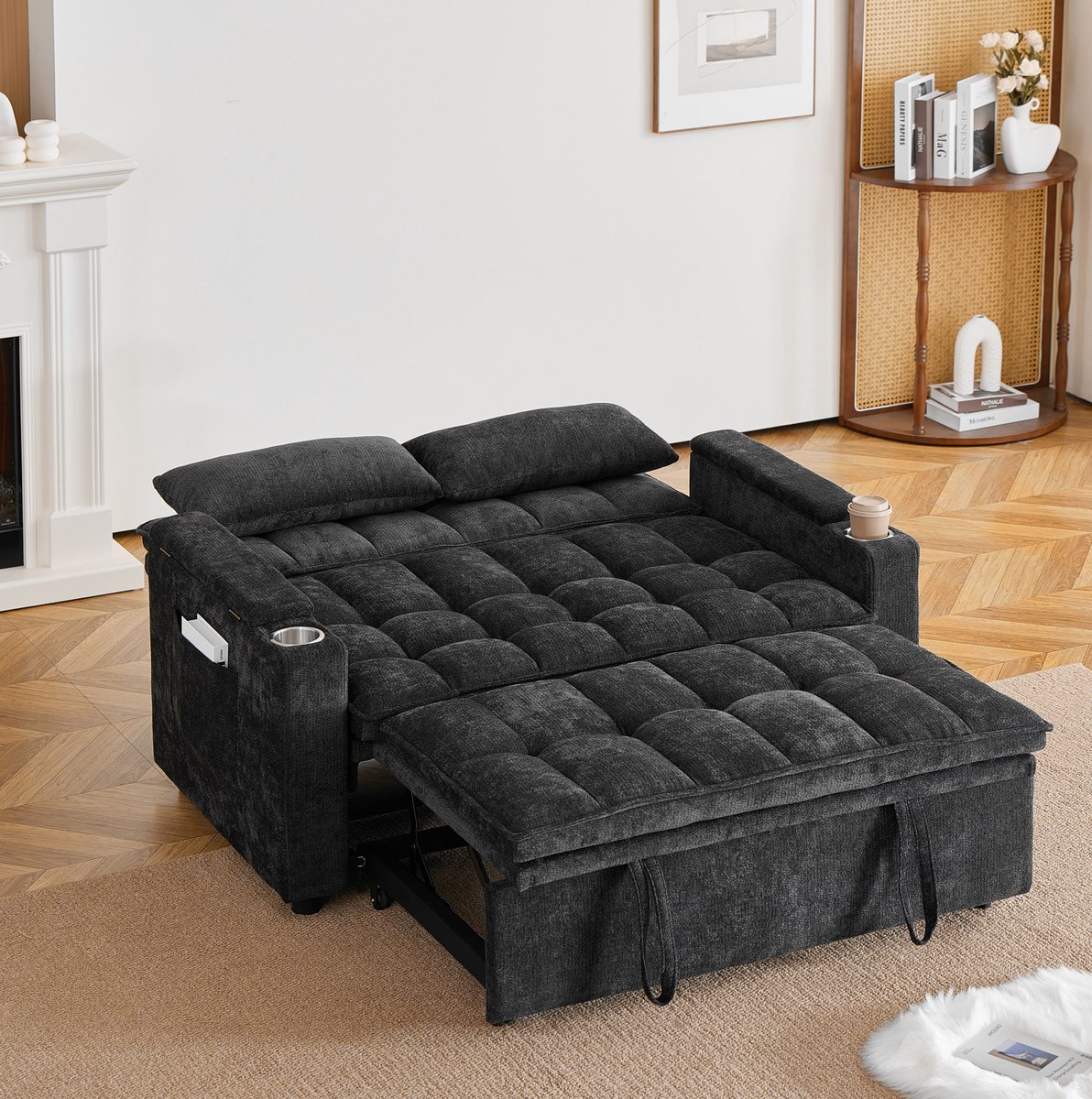 MIVRAY Slaapbank 142 Cm - Drie-in-een Met Slaapfunctie, Relaxfunctie, Opbergruimte en Bekerhouders - Voor Woonkamer en Logeerkamer - Chenille Zwart