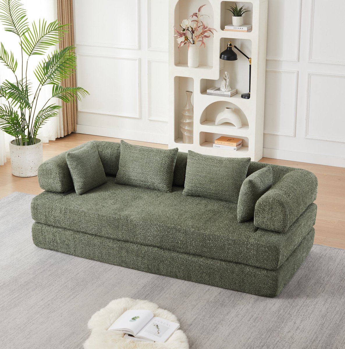 FloraGrace Slaapbank 200 x 95 cm - 4-in-1 Modulair met Verstelbare Rugleuning - Voor Wonen, Rusten en Slapen - Chenille - Groen