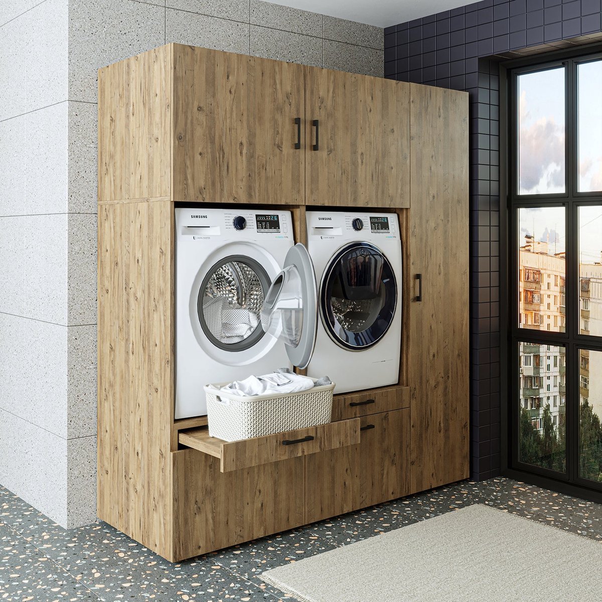 Roomart SERIE 2 Wasmachine Ombouwkast 179x205 cm - met Hoge Kast 45 - Eiken