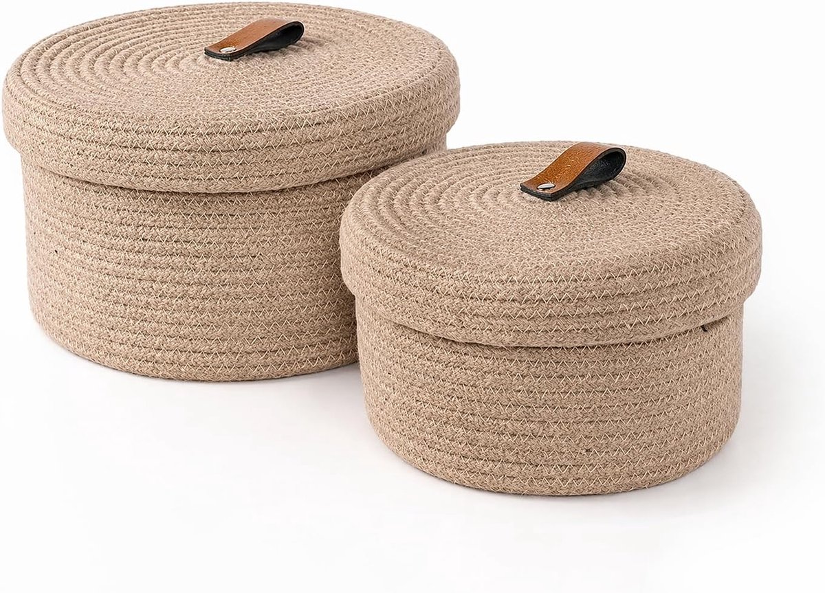 2 stuks opbergmanden met deksel, gevlochten katoenen draad mand met handvat, wasbare decoratieve mand met deksel, multifunctionele organizer voor planken, woonkamer en badkamer (kaki)