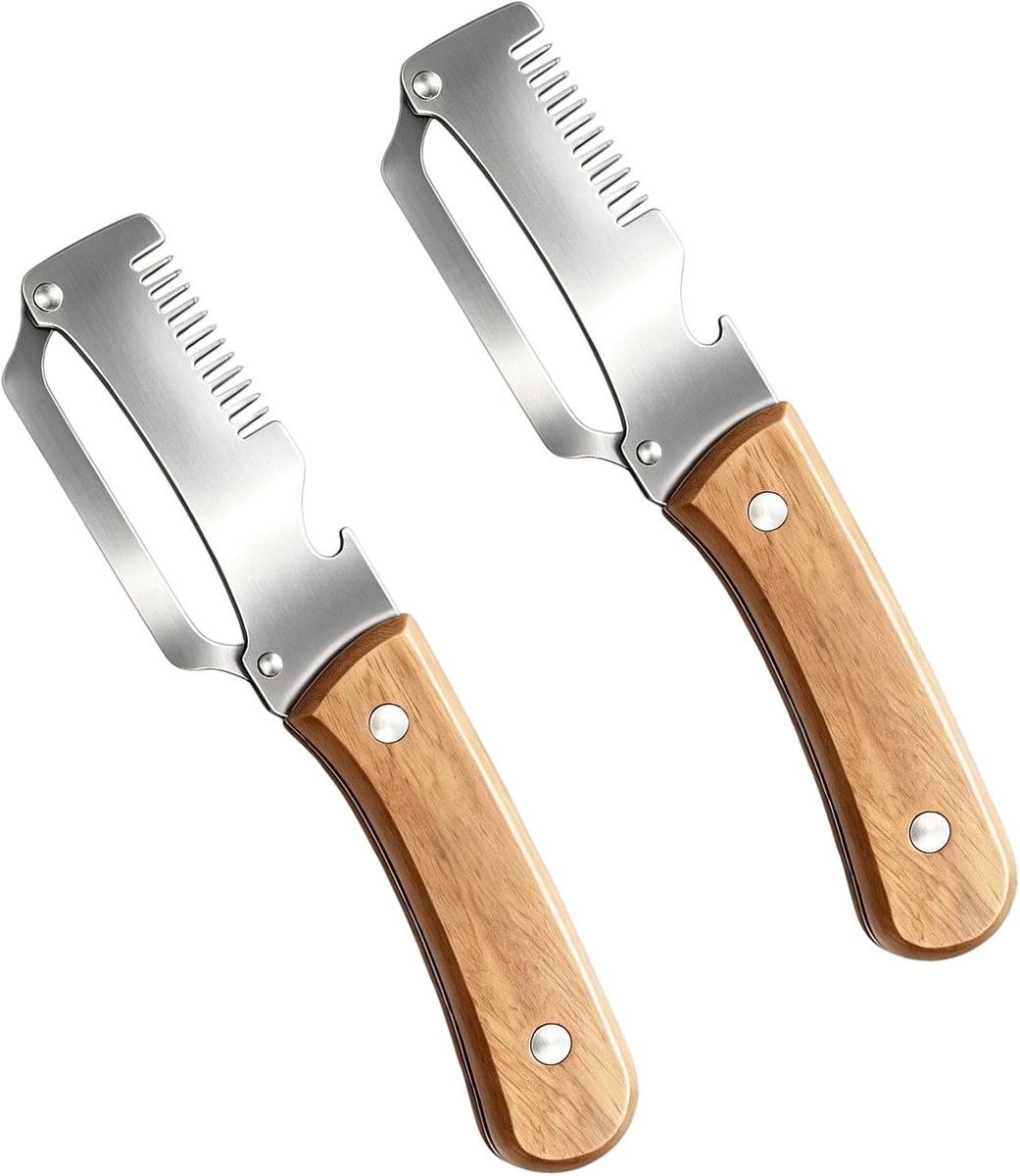 5-in-1 multifunctionele dunschiller, 2 stuks, groenteschiller voor de keuken met ultrascherp roestvrijstalen lemmet en ergonomische houten handgreep, flesopener, visschubber en uiensnijder