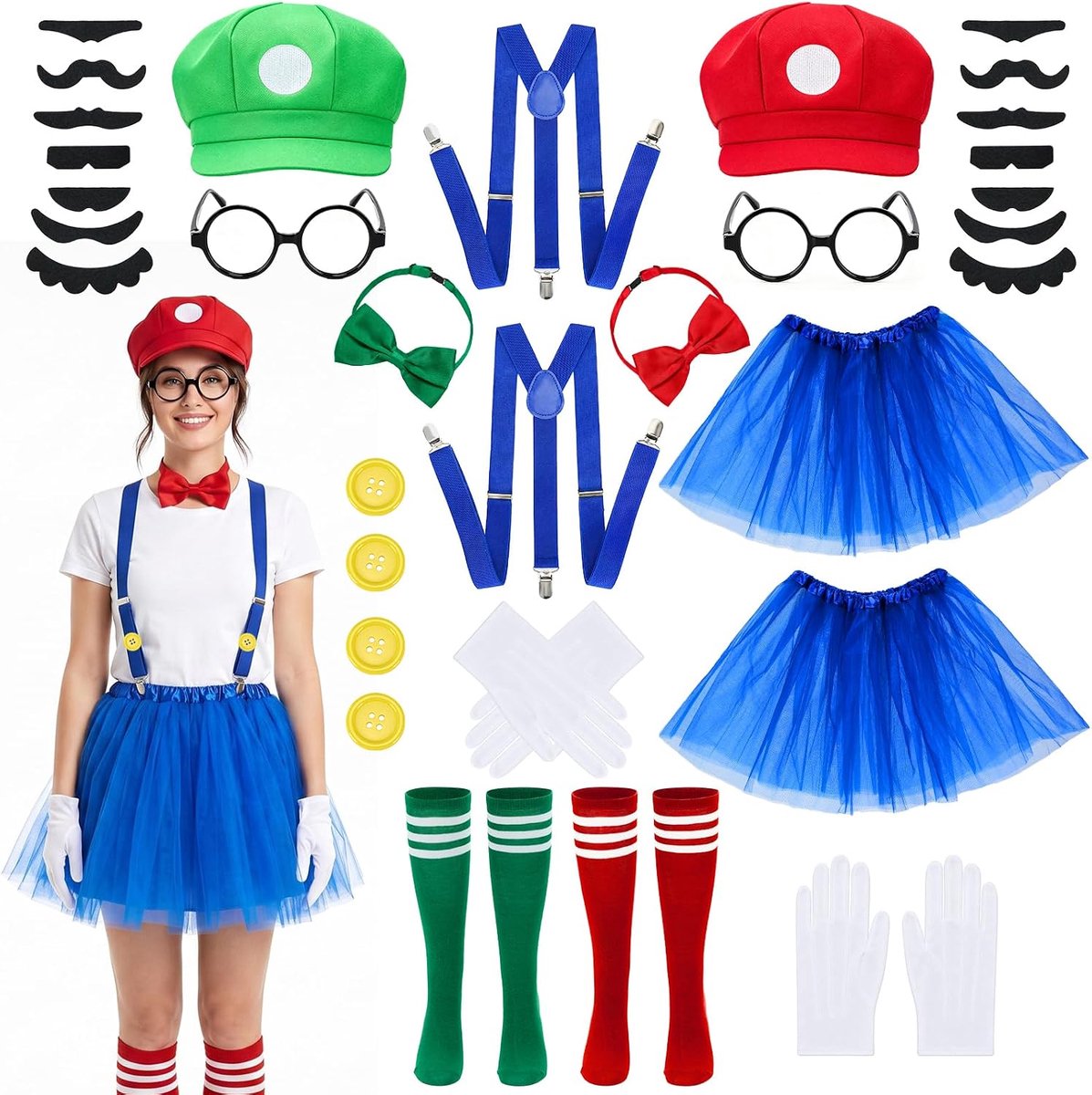 2 sets verkleedset voor verkleedpartijen, bundel met feestaccessoires, 26 stuks nieuwe verkleedset met tutu-rok, hoed, vlinderdas, sokken, bril, handschoenen en nepsnorren voor Halloween