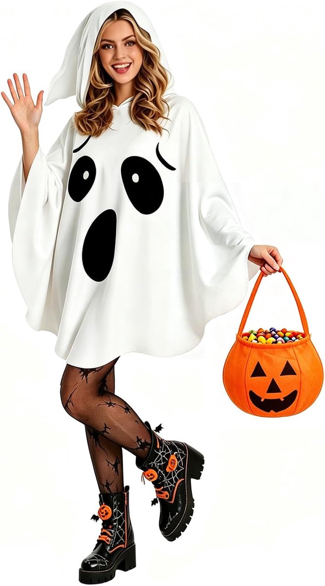 Spookkostuum voor volwassenen, witte spookponcho voor dames met pompoen snoepzakjes, witte spookcape met capuchon, Halloween pompoen snoepmand, verkleedponcho voor feestjes thema-evenementen