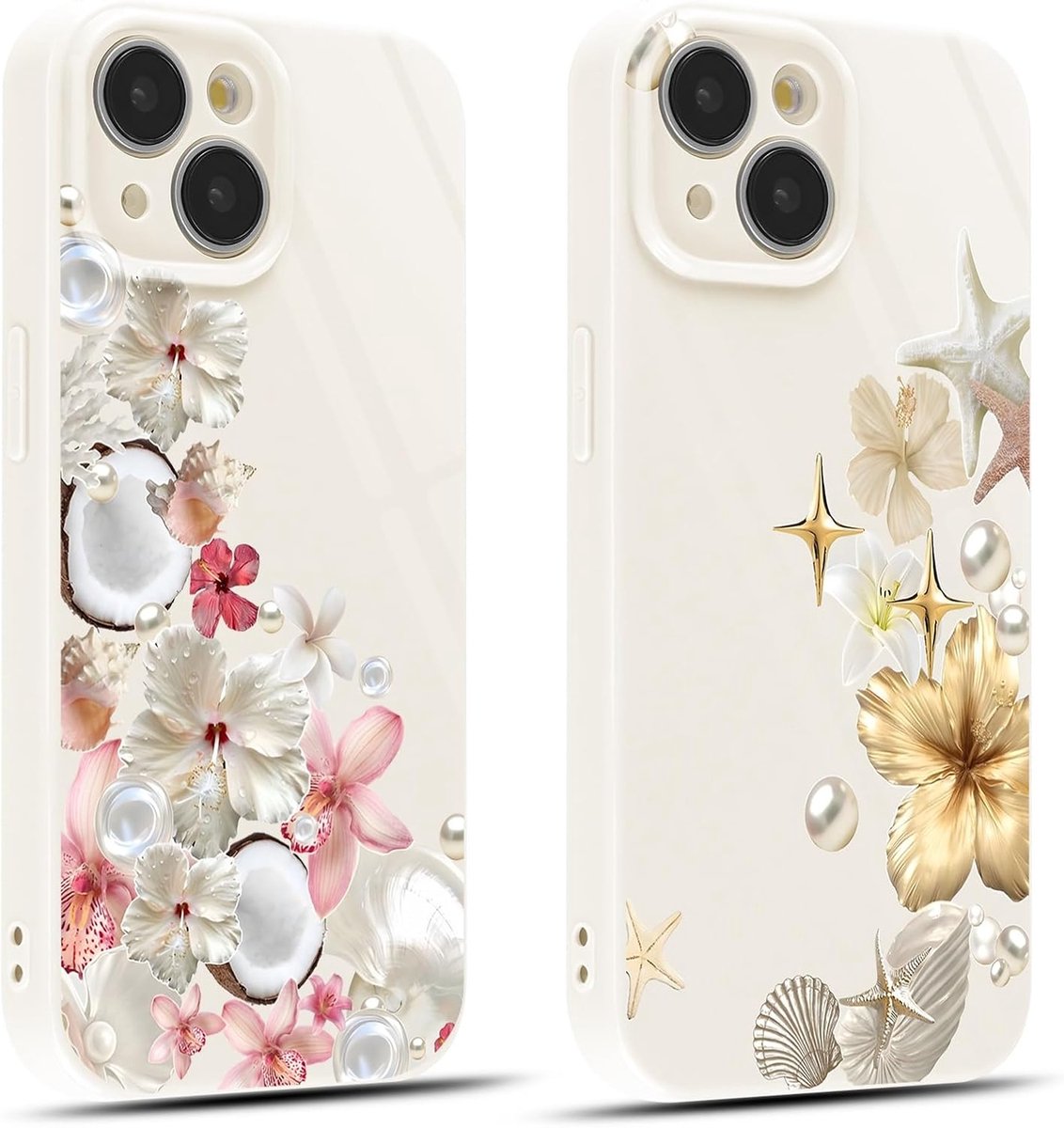 2 stuks telefoonhoesjes voor iPhone 15 6,1 inch, telefoonhoes met zomer esthetische bloemen, modieus patroon meisjes, schattig design, glanzend bliksem, mat, beschermhoes, beige, siliconen