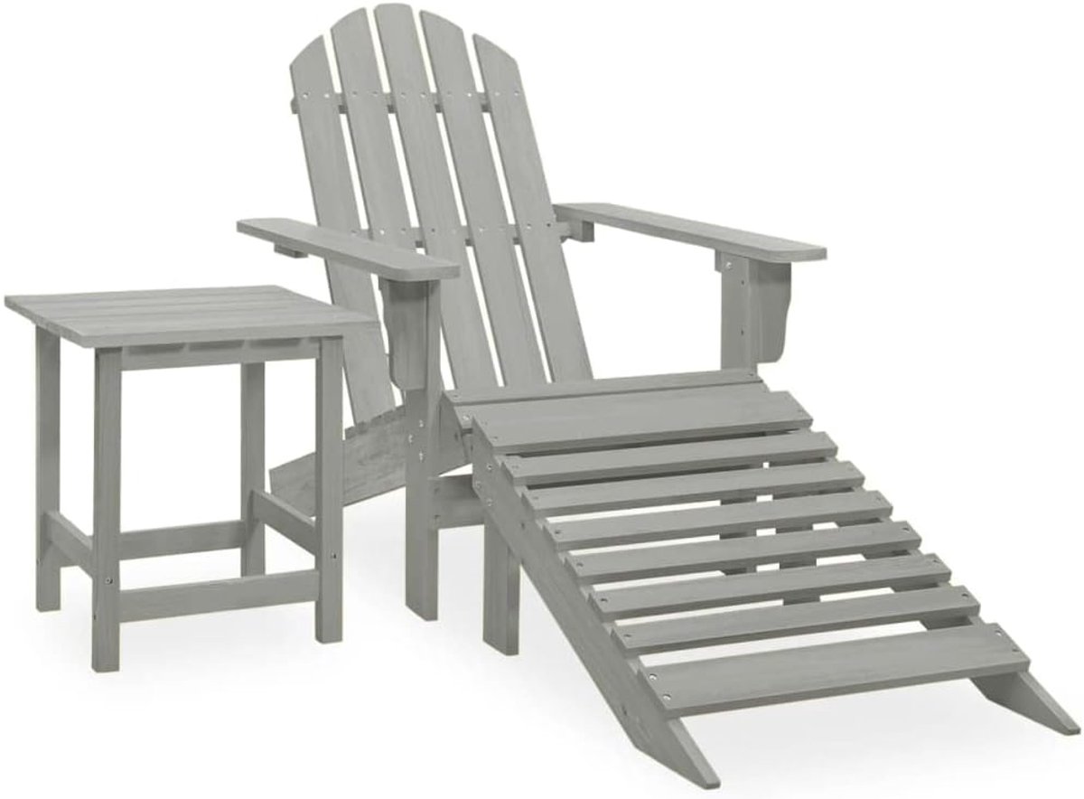 Adirondack Tuinstoel van massief dennenhout met voetensteun en tafel, grijs, ergonomisch gevormd, afneembare voetsteun, stabiel en onderhoudsvriendelijk, voor terras en tuin